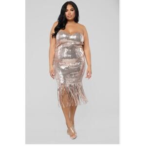 Fashion Nova Gold Sequin Strapless Fringe Dress Size 2X
